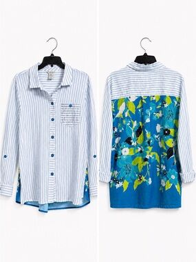 Multiples Montego Bay Blue Striped Button-Up Floral Back Panel